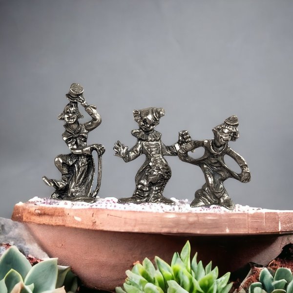 Charming Set of 3 Vintage Metal Clown Figurines - Whimsical Collectibles for Home Decor