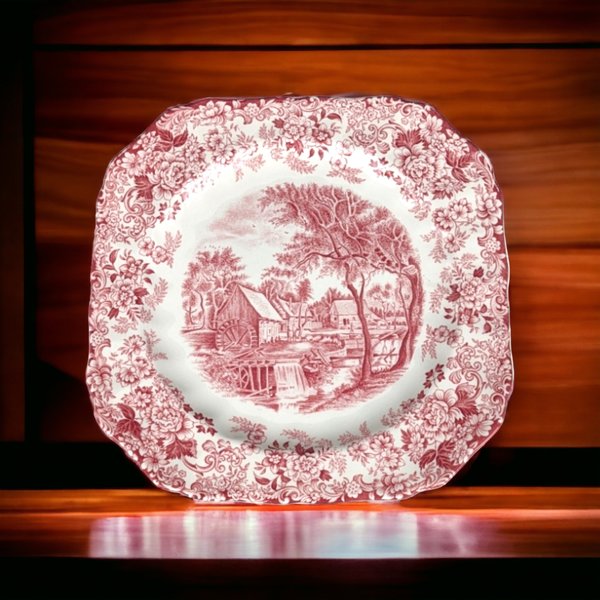 Johnson Bros Mill Stream Red Square Plate: Vintage Tableware Charm