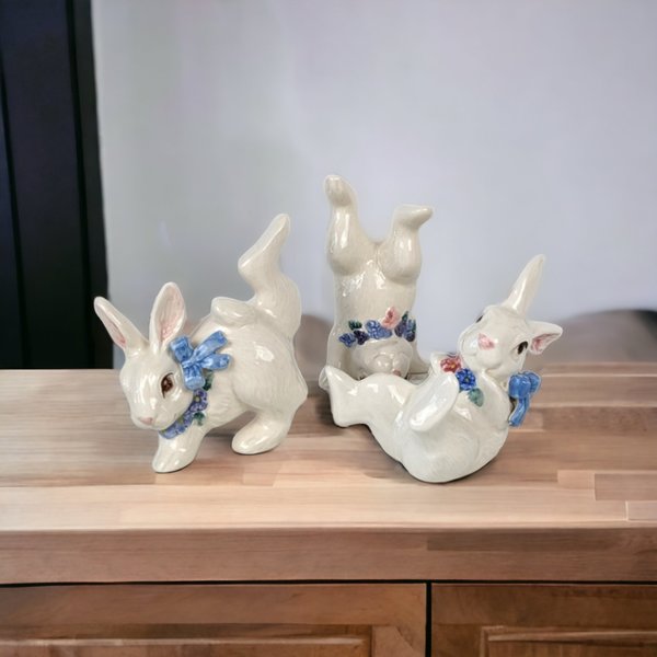 Set of 3 Ceramic White Playful Bunny Figurines
