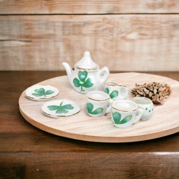 Delton Product Tiny Fairy Clover Tea Set for 2 with Basket