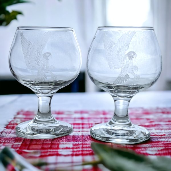 Pair of Vintage Brandy Glasses with Etched Eagle – Elegant Glassware Collectibles