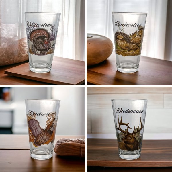 Vintage Budweiser Wildlife Pint Glasses| Elk, Prairie Chicken, Turkey, Quail | Gold Rimmed Beer Glasses | Hunting Decor
