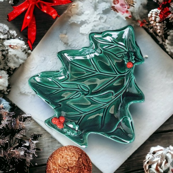 Elegance in Green: Lefton Holly Tree Shaped Trinket Dish 2691