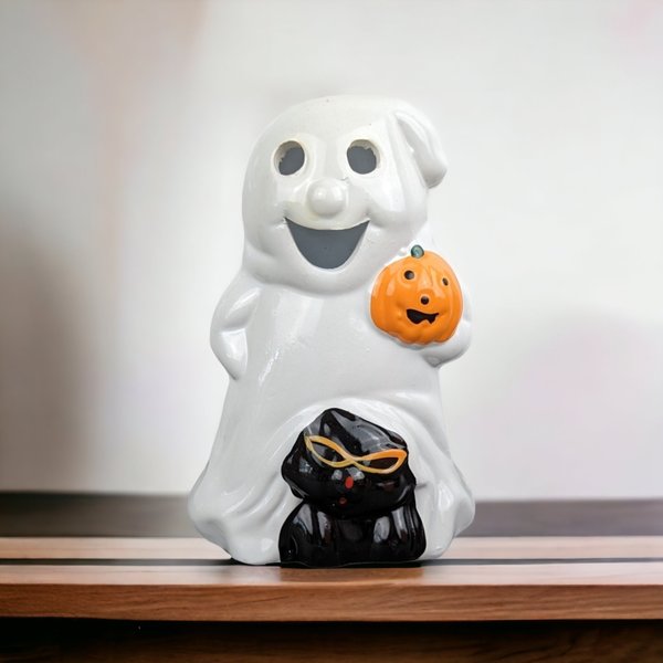 1970s Vintage Ghost and Cat Halloween Tealight Candle Holder