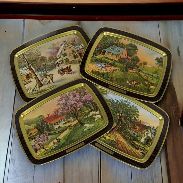 Set of 4 Currier and Ives American Homestead 4 Seasons Tin Trays