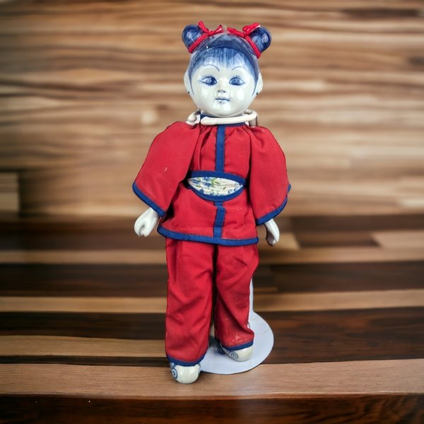 Vintage Asian Decor Blue and White Porcelain Girl Doll