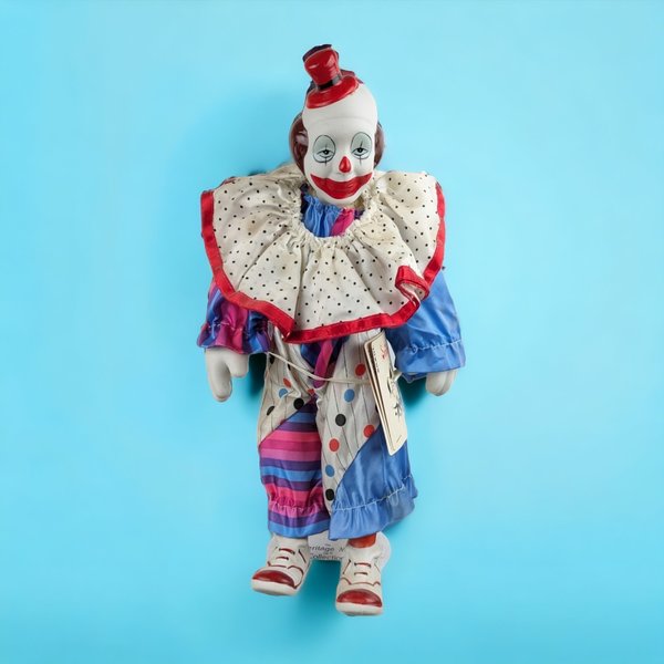 Vintage Heritage Mint 16" Creepy Clown Doll with Stand: Unique Collector's Item