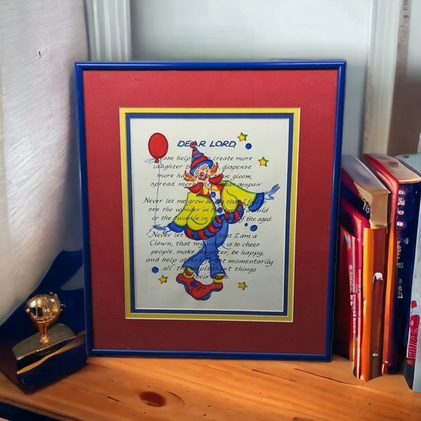 Clown Art with Prayer | Framed Vintage Picture | 15x13" | Whimsical & Religious