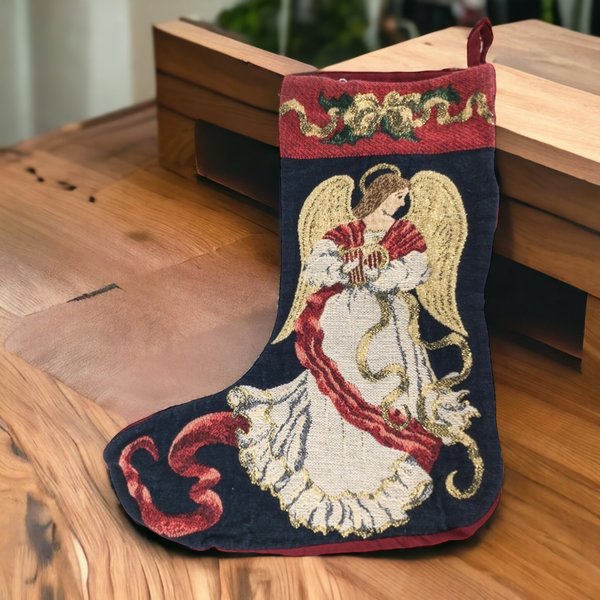 Elegant Vintage Christmas Stocking with Angel - Timeless Holiday Decor