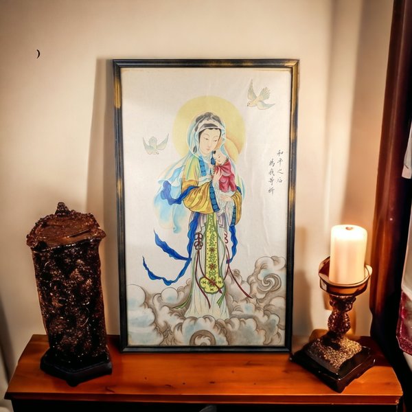 Sacred Beauty: Vintage Framed Chinese Our Lady of China and Madonna on Silk