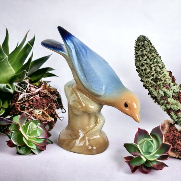 Vintage Royal Copley Blue Bird Figurine, Porcelain Bird Statue, Mid-Century Modern Decor, Collectible Figurine, Gift for Bird Lovers
