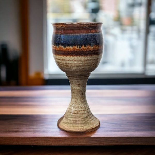 Handmade Pottery Chalice: Brown with Blue Stripe - Artisan Crafted Elegance