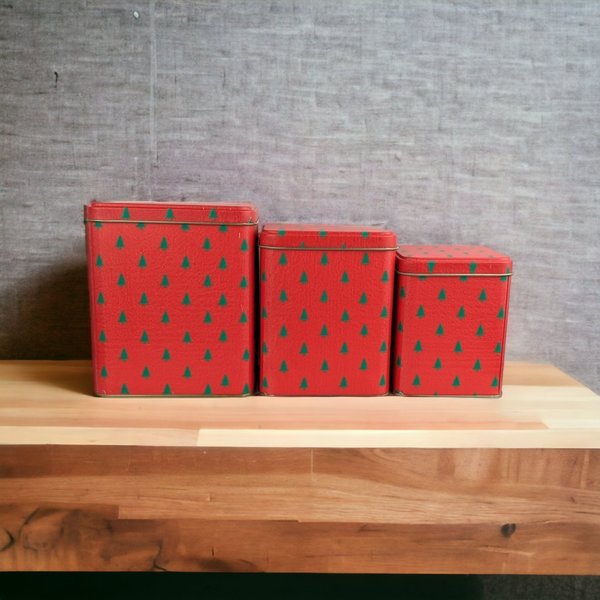 Vintage Enesco Set of 3 Red Christmas Tins with Festive Tree Pattern