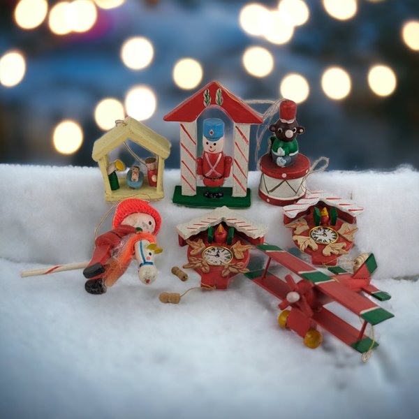 Lot of 7 Vintage Wooden Christmas Ornaments: Rustic Holiday Charm
