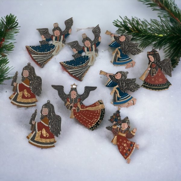 Set of 9 German Pewter Angel Enamel Ornaments: Exquisite Holiday Elegance