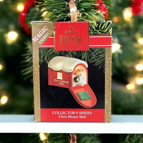 1991 Hallmark Keepsake Chris Mouse Mail Lighting Ornament - Vintage Holiday Collectible