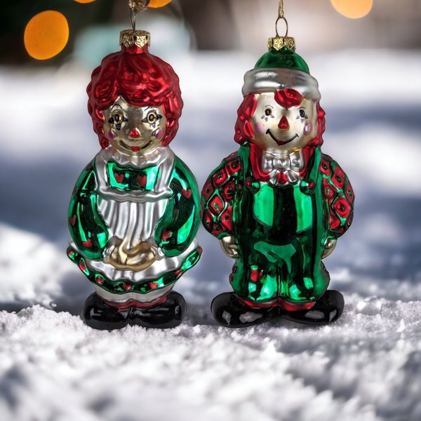 Charming Vintage Raggedy Ann and Andy Glass Ornament Duo: A Nostalgic Holiday Delight