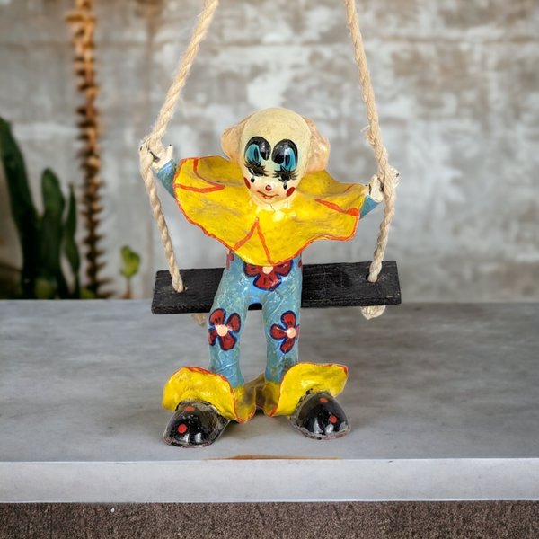 Vintage Paper Mache Clown on Swing Collectible