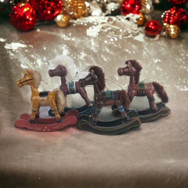 Charming Set of 4 Vintage 1985 Schmid Rocking Horse Wooden Ornaments - Timeless Holiday Elegance