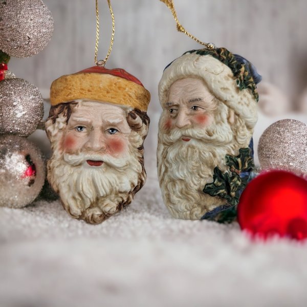 Vintage Enesco Pair of Ceramic Santa Heads Ornaments: Festive Holiday Charm