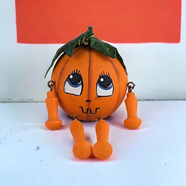Vintage Handpainted Wooden Halloween Pumpkin Figurine