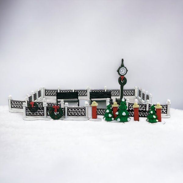 Dept. 56 Snow Village Town Clock, Benches, and Fences: Miniature Village Accessories