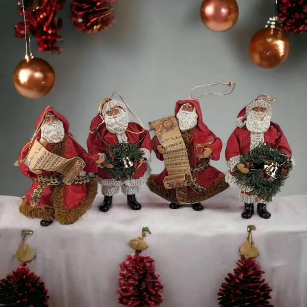 Set of 4 Vintage Paper Mache Santa Ornaments: Nostalgic Holiday Decor