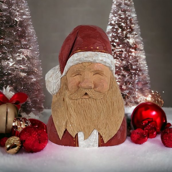 Hand-Carved Vintage Wooden Santa Bust