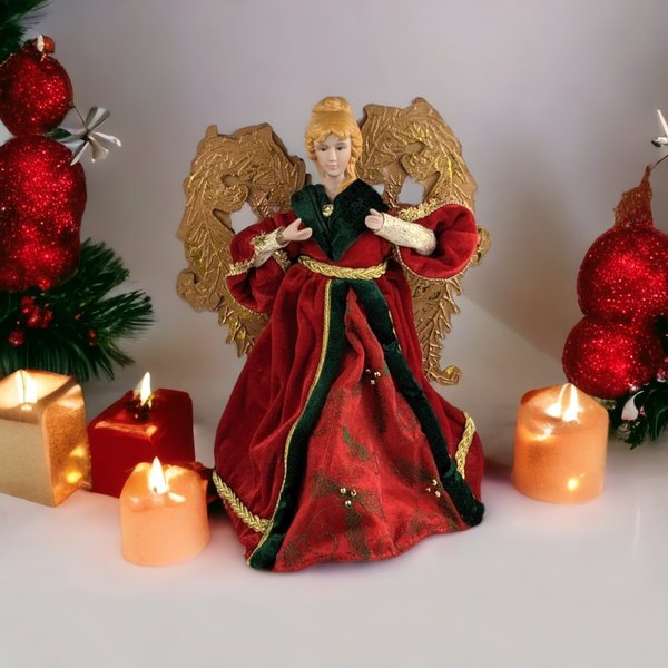 Heirloom Elegance: Vintage Angel Tree Topper in Red Dress