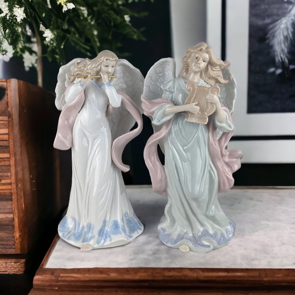 Vintage 2000 Grandeur Noel Porcelain 10" Instrument Angel Pair - Heavenly Holiday Harmony!