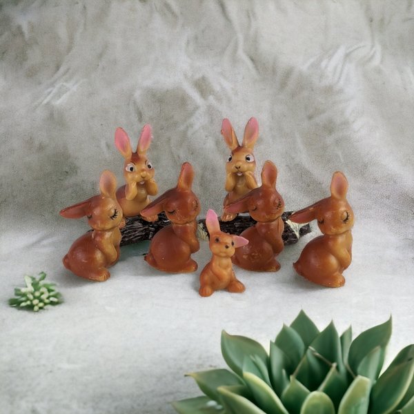 Set of 7 Vintage Hard Plastic Bunny Figures