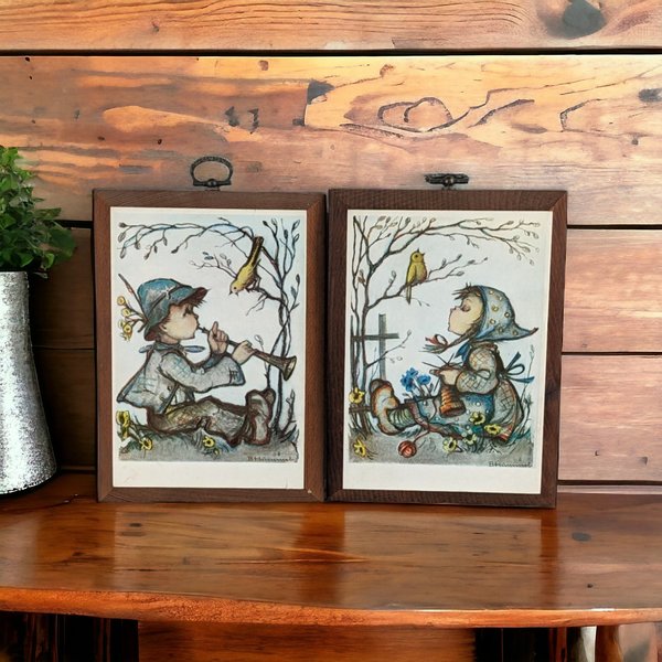Pair of Vintage 1981 ARS Hummel Prints on Wood Wall Hangings | Charming Children's Artwork
