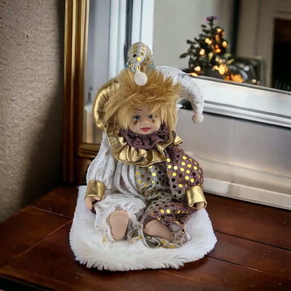 Vintage White and Gold 8" Porcelain Baby Jester Doll