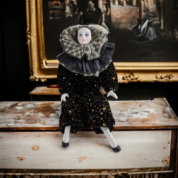 Vintage 14" Porcelain Harlequin Clown Doll, Black Clothes with Stars