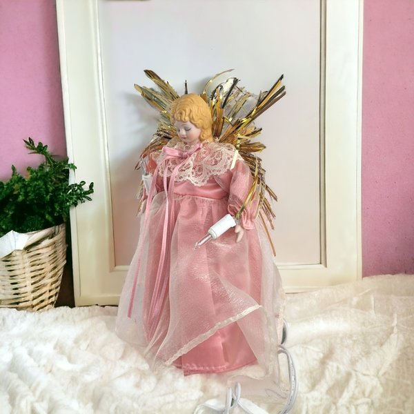 Vintage Light Up Angel Tree Topper in Pink and Gold