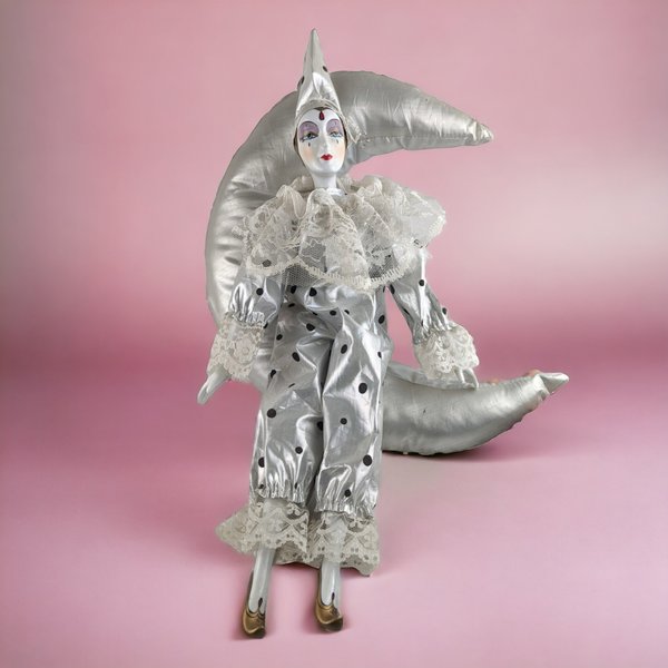 Vintage Silver Harlequin, Clown Doll on Moon Hanging Decor
