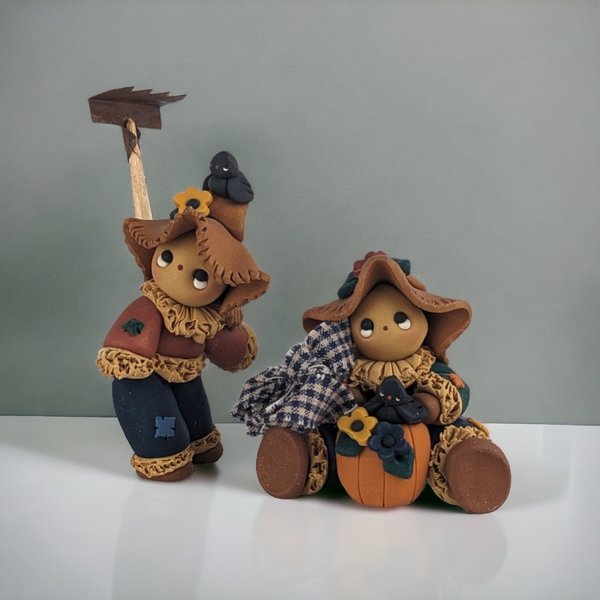 Vintage Handmade Clay Fall Farmer Figurines