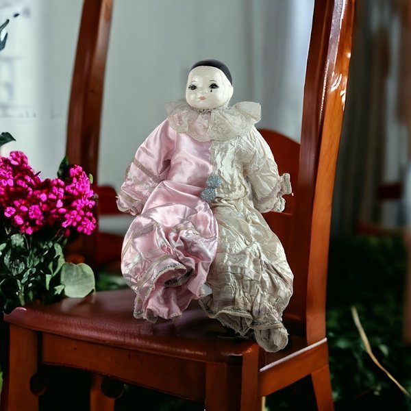 Vintage Porcelain Sad Clown Doll in Pink Outfit | Unique Collectible Decor | Charming Home Accent | Perfect Gift for Clown Collectors