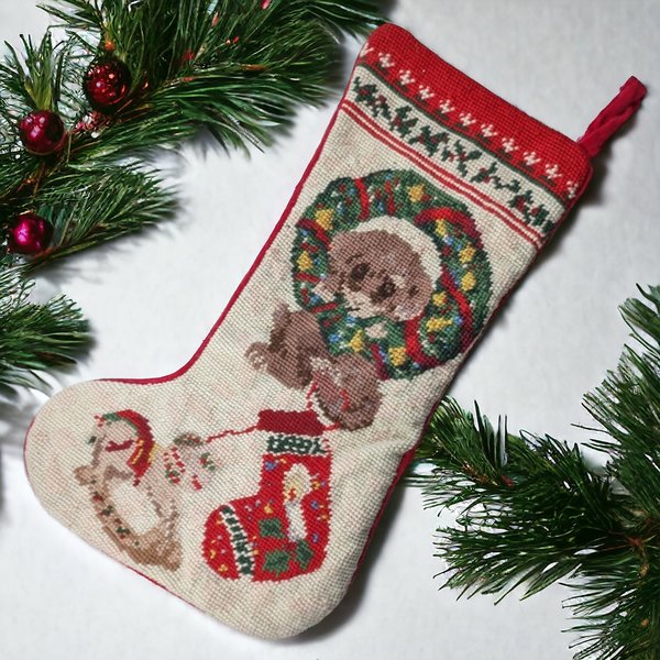 Vintage Needlepoint Christmas Stocking | Puppy in Wreath Stocking | Handmade Christmas Decor | Holiday Stocking