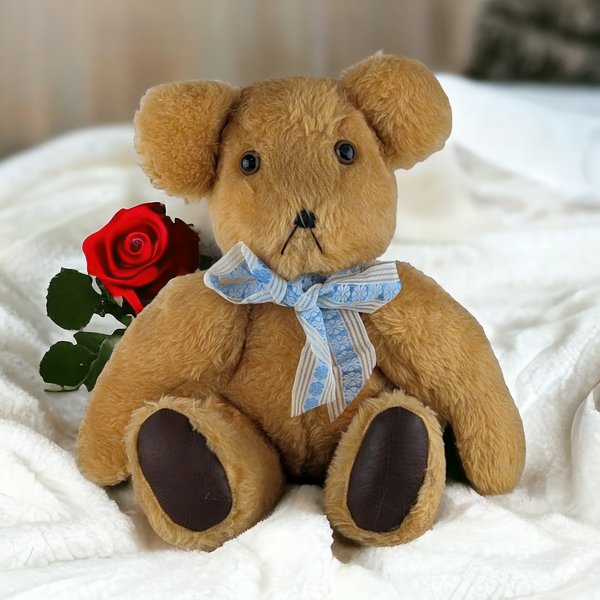 Vintage Tan 16" Teddy Bear with Blue Bow