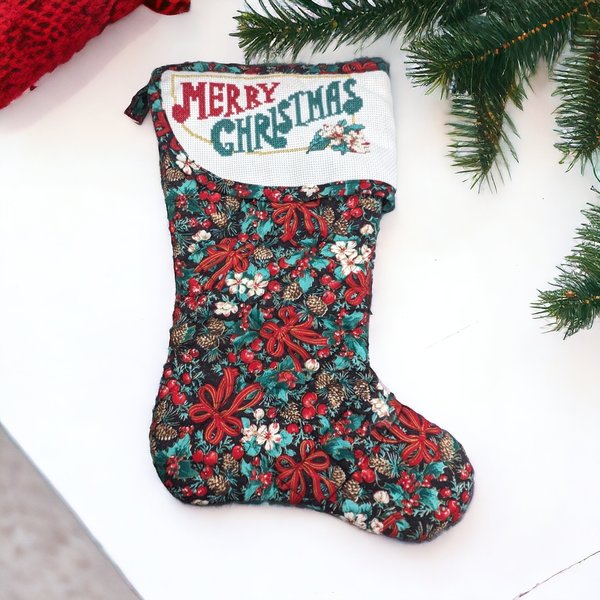 Vintage Handmade Quilted & Cross Stitched 'Merry Christmas' Stocking, 15" Tall, Excellent Condition, Unique Holiday Decor, Gift Idea