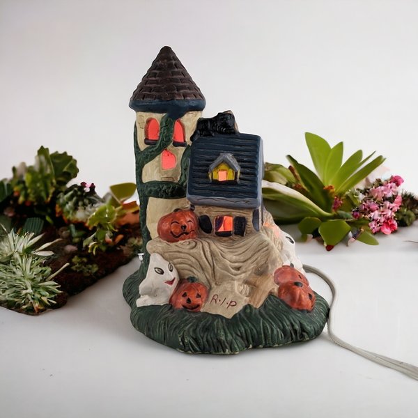 1991 Haunted House Ceramic Light | Vintage Halloween Decor | 7.5" | Pacific Rim | 3 Lights