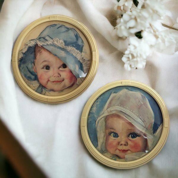 Pair of Vintage Maud Tousley Round Baby Print Wall Hangings (5")