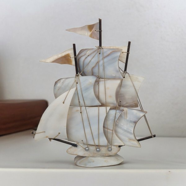 Vintage Shell Art Ship Figure