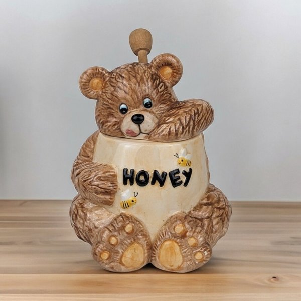 Vintage 1996 MSR  Ceramic Bear with Hand in Honey Pot with Wooden Stick