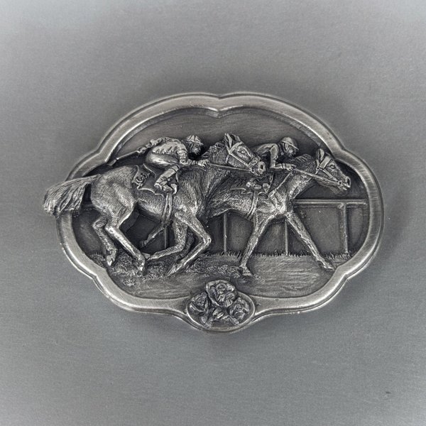 1985 Bergemot Brass Works Racing Horses Belt Buckle