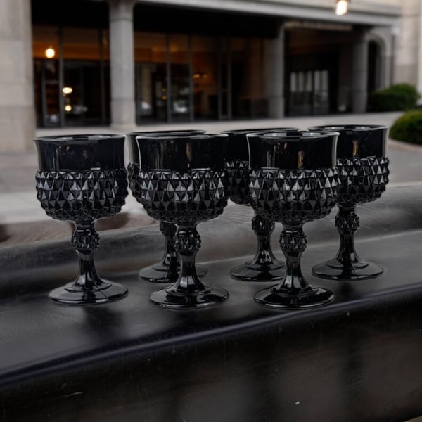 Set of 5 Vintage Indiana Glass Tiara Black Diamond Point Goblets