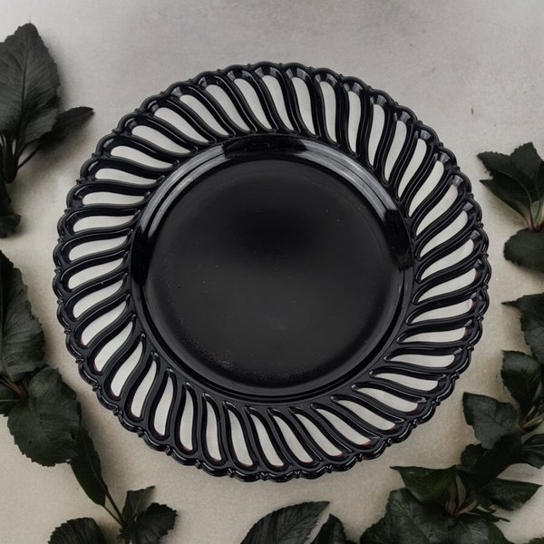 Vintage Reticulated Black Amethyst Glass Plate,  Serving Plate,  Elegant Glassware,  Unique Home Decor