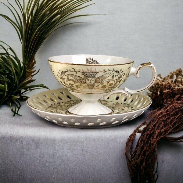 Lefton Angel Hand Painted Pedestal Cup and Saucer Set TK20583