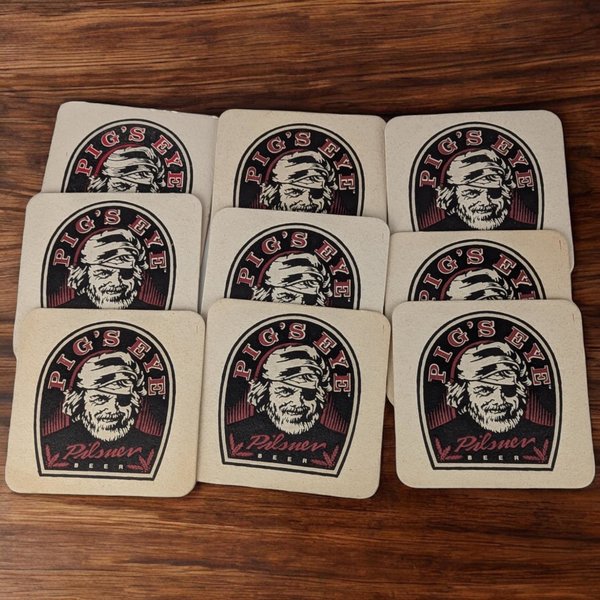 Set of 9 Vintage Pig's Eye Pilsner Beer Coasters |  Collectible Beer Coasters | Minnesota Brewing History |  Bar Decor